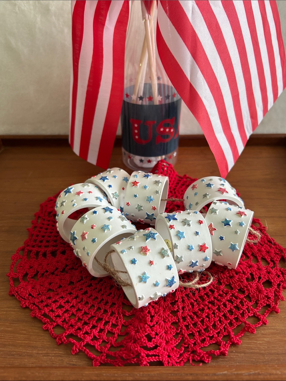 Patriotic Star Ribbon Napkin Rings - White with Red & Blue Stars Set of 8.